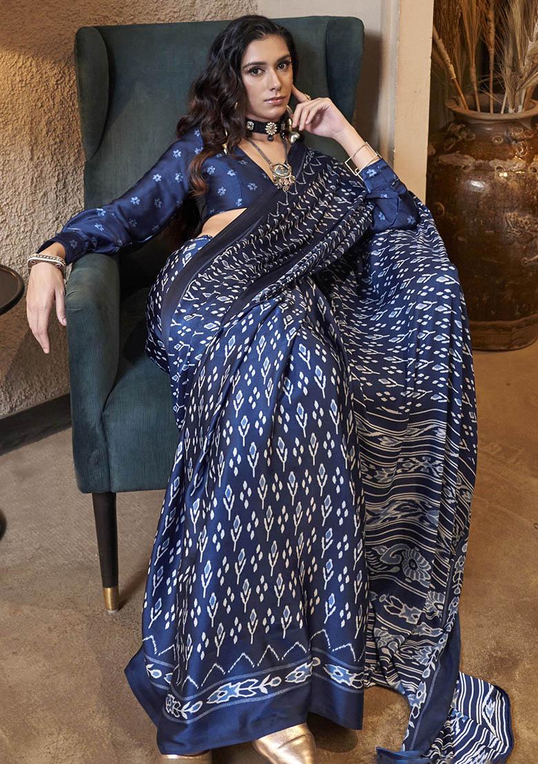 Blue Digital Print Satin Sarees