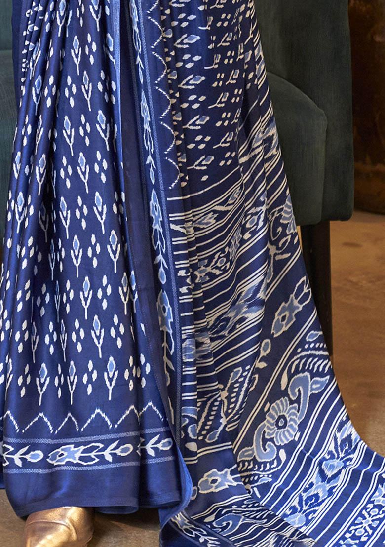 Blue Digital Print Satin Sarees