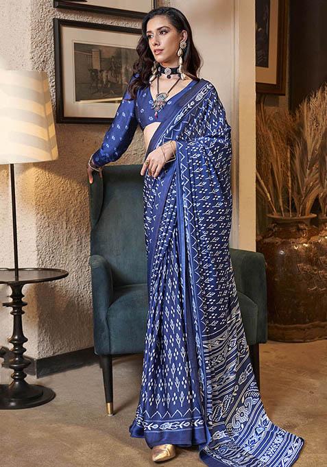Blue Digital Print Satin Sarees