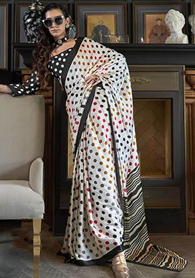 White Digital Print Satin Sarees