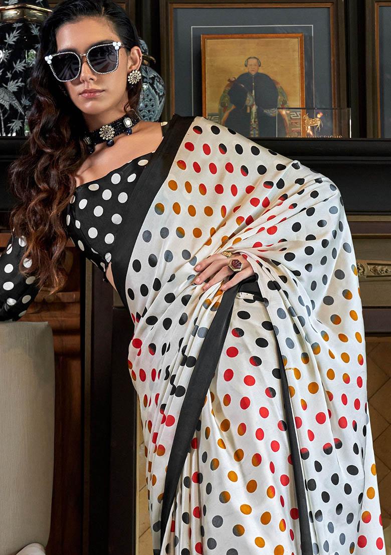 White Digital Print Satin Sarees