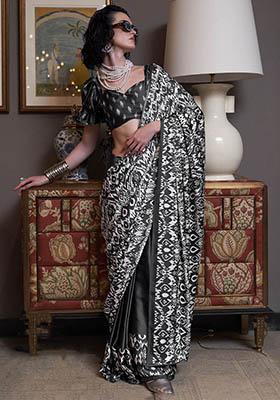Black Digital Print Satin Sarees