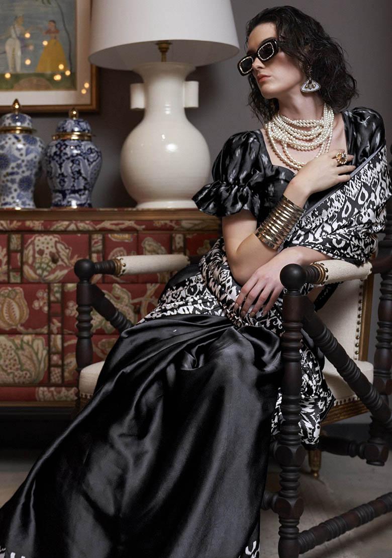 Black Digital Print Satin Sarees