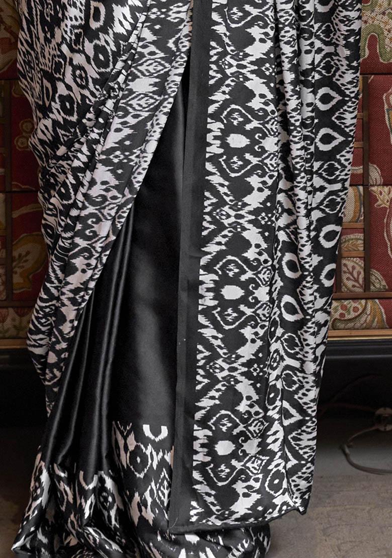 Black Digital Print Satin Sarees