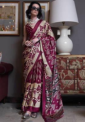 Cream Digital Print Satin Sarees