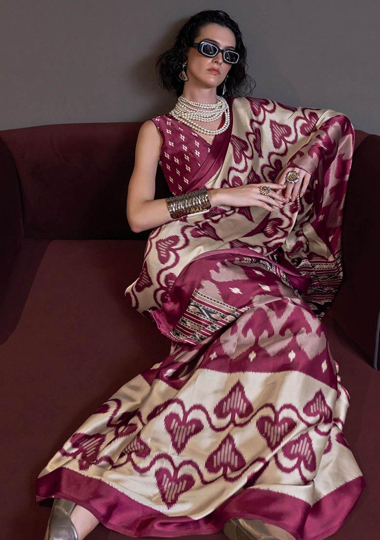 Cream Digital Print Satin Sarees