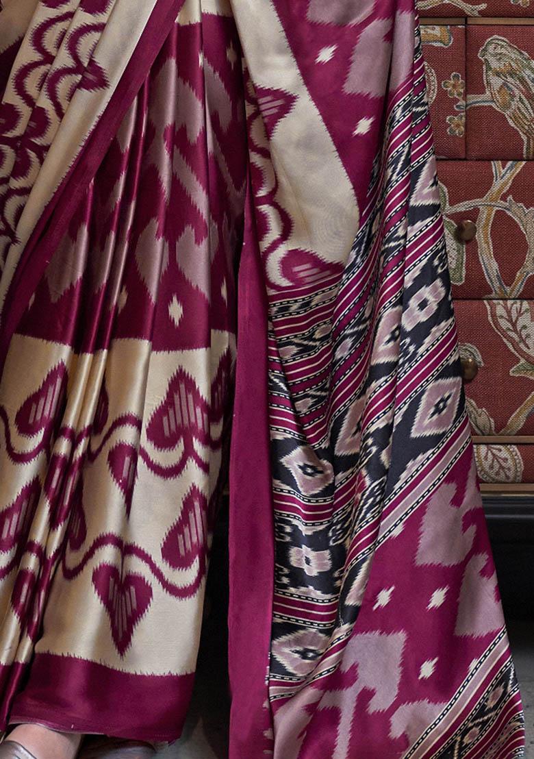 Cream Digital Print Satin Sarees