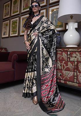 Cream Digital Print Satin Sarees