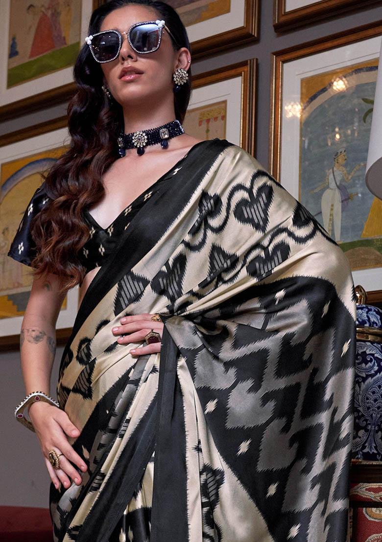 Cream Digital Print Satin Sarees