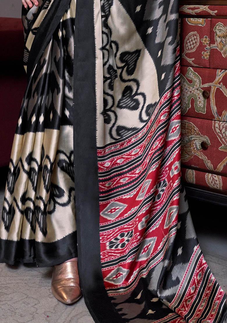 Cream Digital Print Satin Sarees