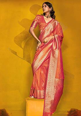 Orange Zari Weaving Silk Sarees