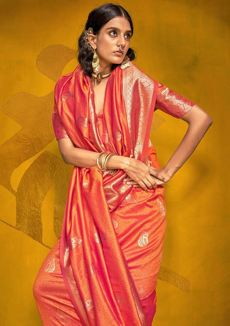 Orange Zari Weaving Silk Sarees