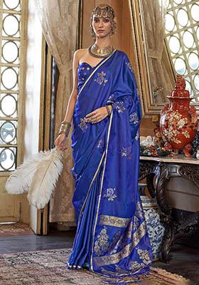 Blue Zari Weaving Satin Sarees