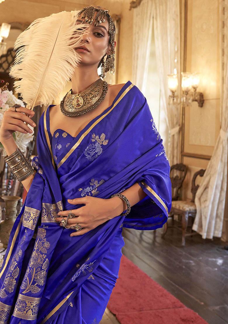 Blue Zari Weaving Satin Sarees