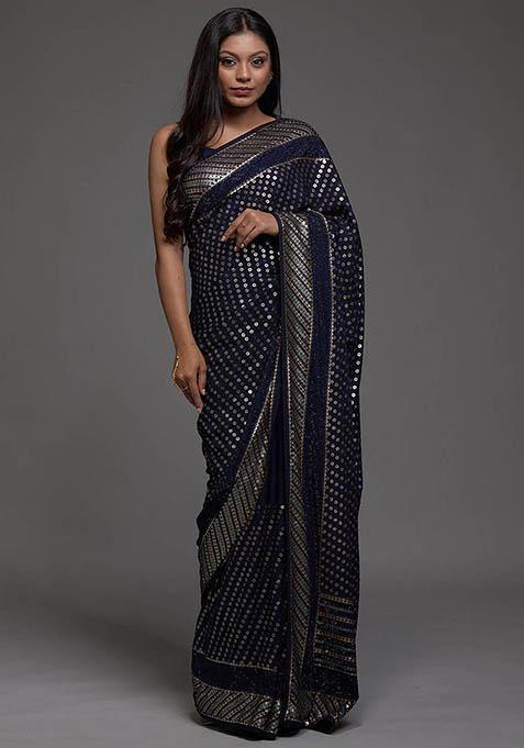 Navy Blue Sequin Embroidered Georgette Sarees