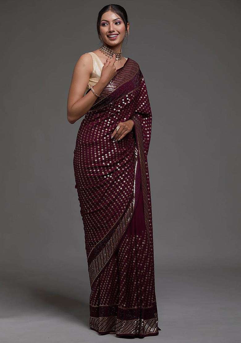 Maroon Sequin Embroidered Georgette Sarees for Diwali and Festive Wear - Indya