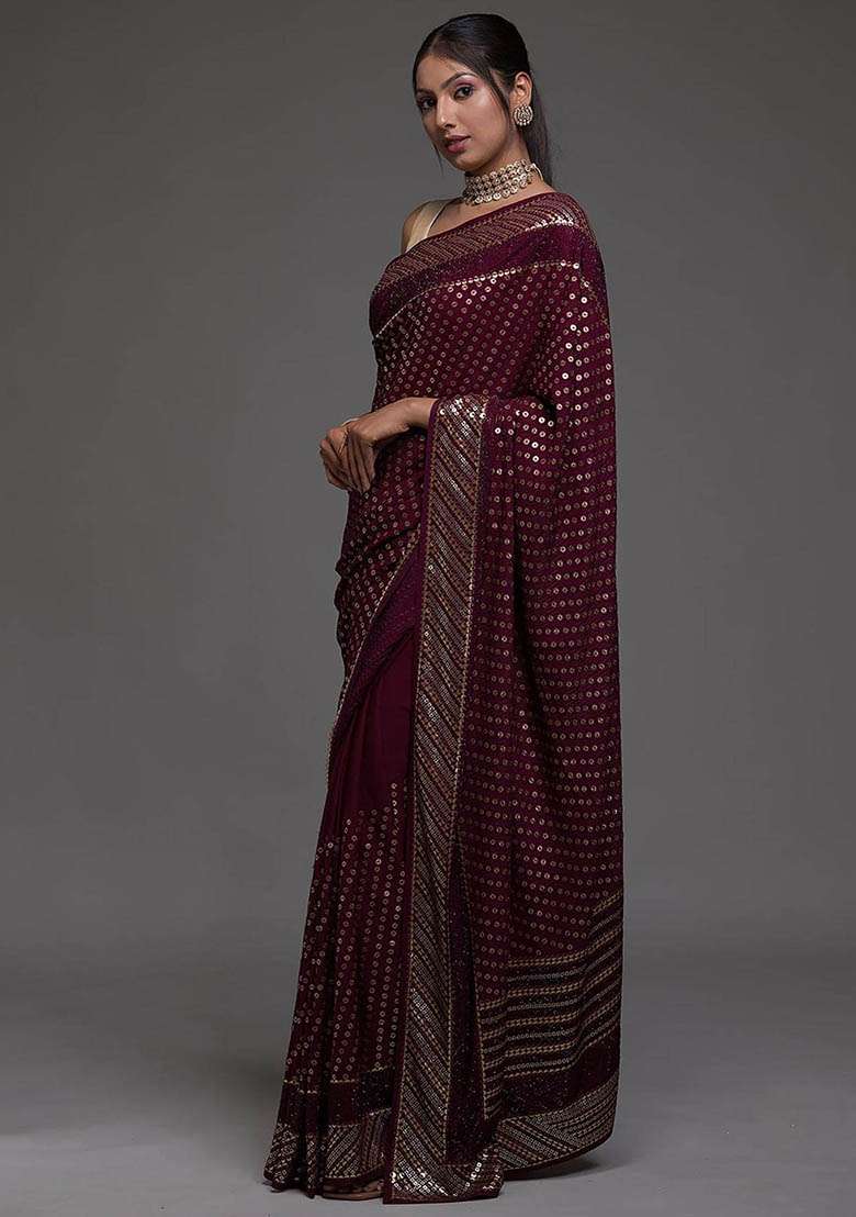 Maroon Sequin Embroidered Georgette Sarees for Diwali and Festive Wear - Indya