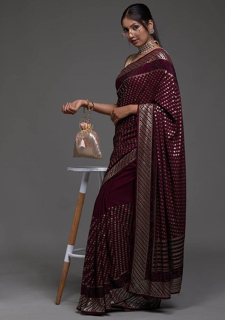 Maroon Sequin Embroidered Georgette Sarees