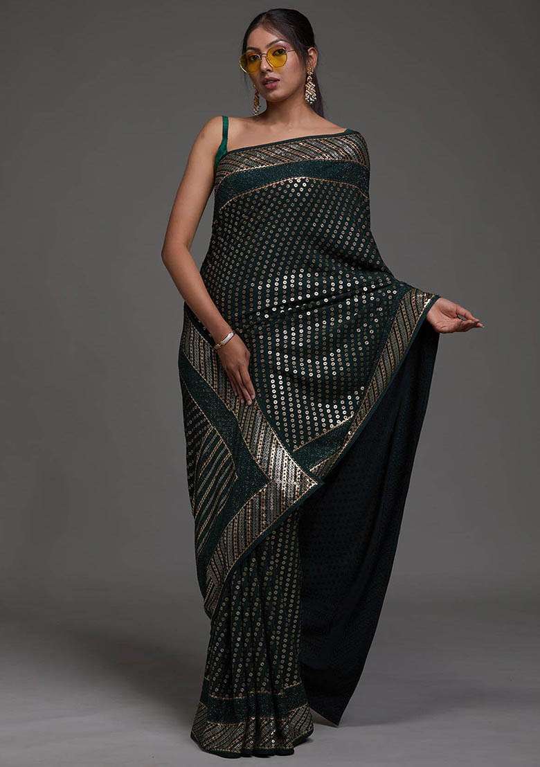 Green Sequin Embroidered Georgette Sarees for Diwali and Festive Wear - Indya
