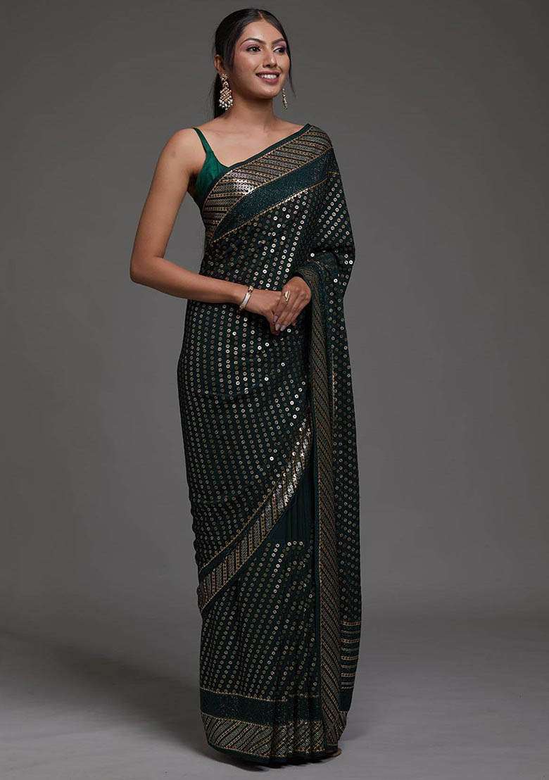 Green Sequin Embroidered Georgette Sarees for Diwali and Festive Wear - Indya