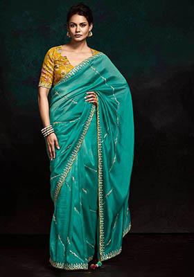 Green Embroidered Tissue Silk Sarees