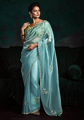 Sky Blue Embroidered Tissue Silk Sarees