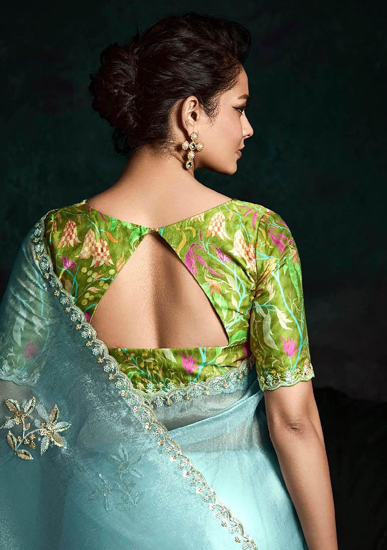 Sky Blue Embroidered Tissue Silk Sarees