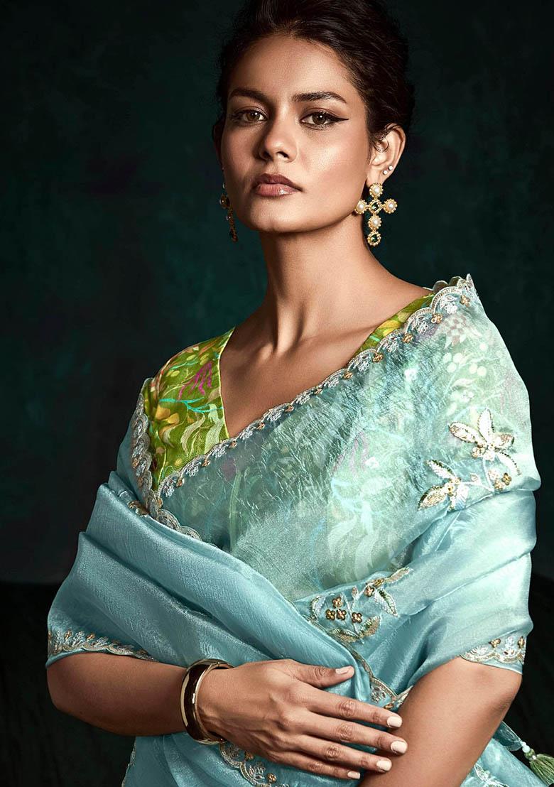 Sky Blue Embroidered Tissue Silk Sarees
