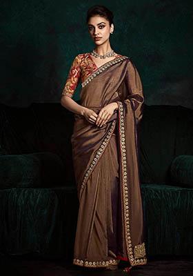Brown Embroidered Tissue Silk Sarees