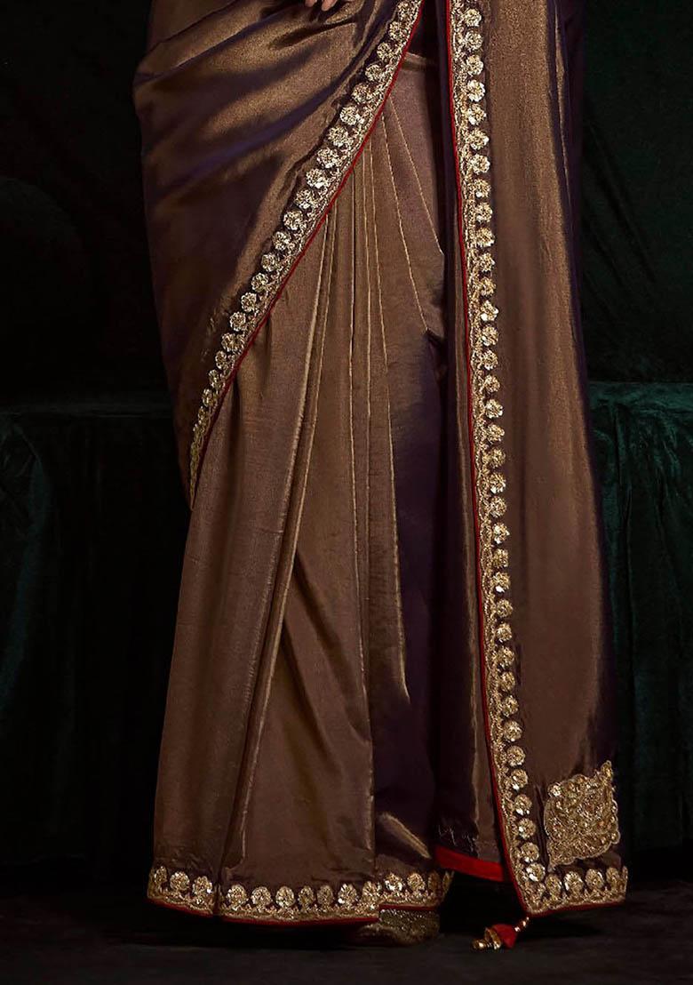 Brown Embroidered Tissue Silk Sarees