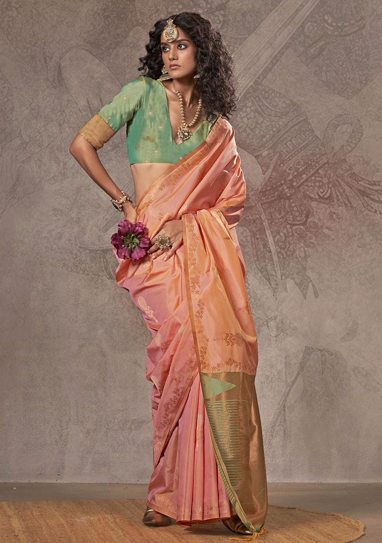 Orange Zari Weaving Silk Sarees