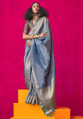 Blue Zari Weaving Tissue Silk Sarees