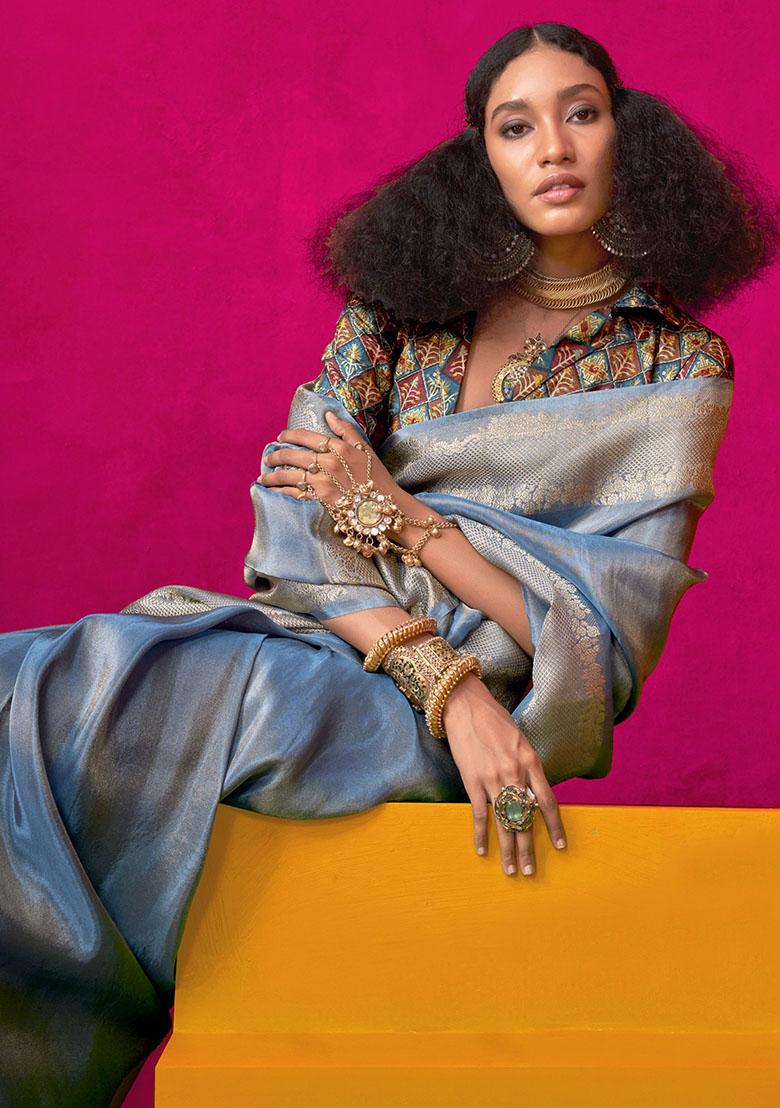 Blue Zari Weaving Tissue Silk Sarees