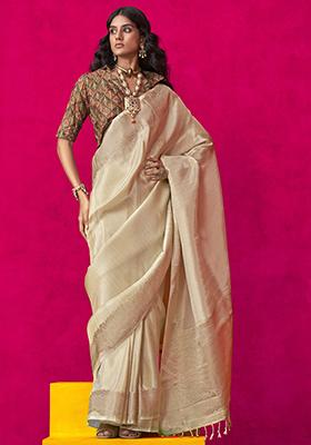 Beige Zari Weaving Tissue Silk Sarees