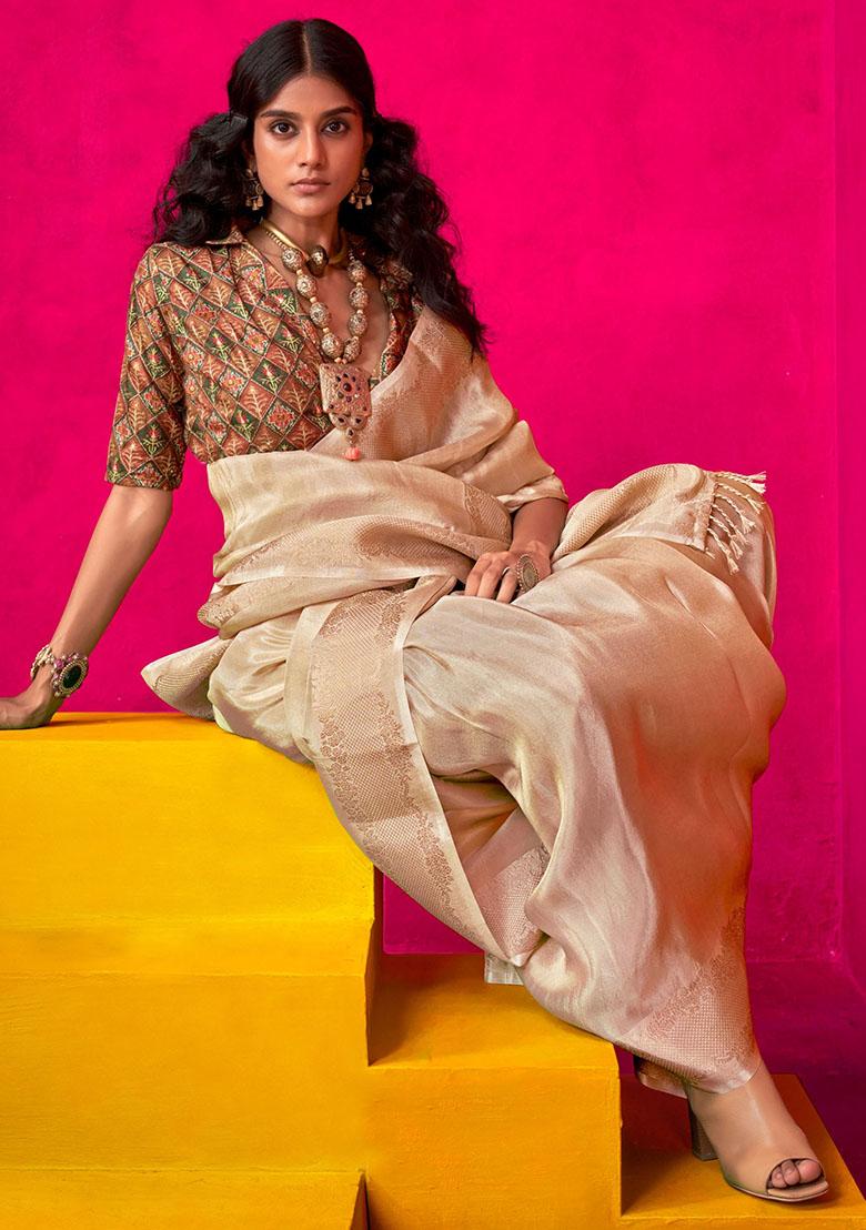 Beige Zari Weaving Tissue Silk Sarees