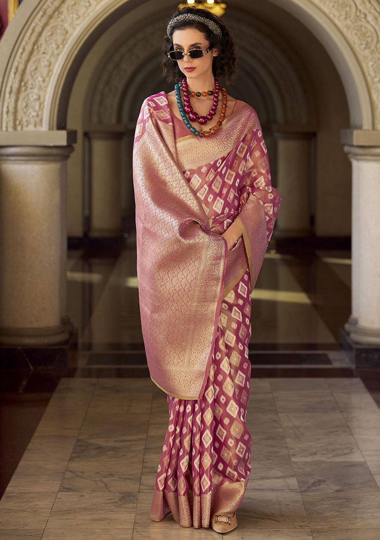 Pink Zari Weaving Net Sarees
