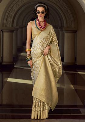 Beige Zari Weaving Silk Sarees
