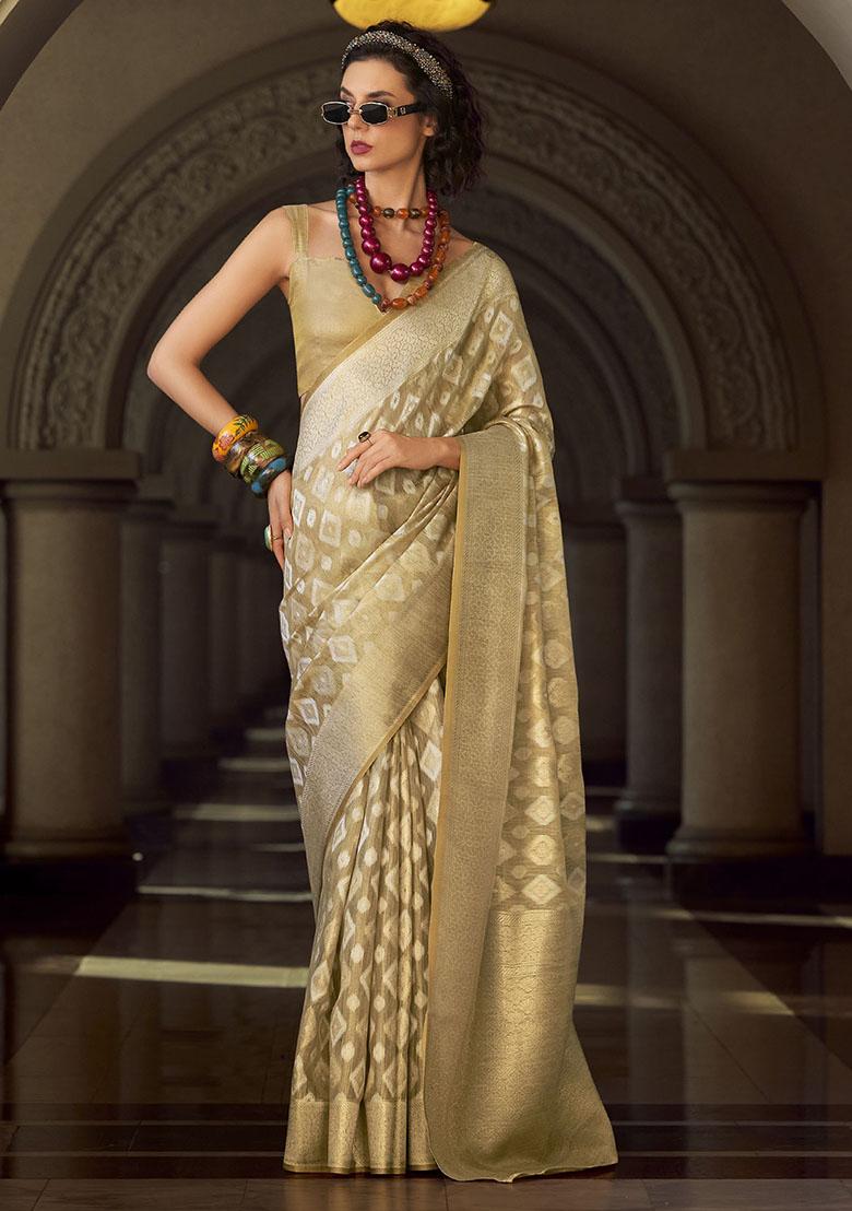 Beige Zari Weaving Silk Sarees