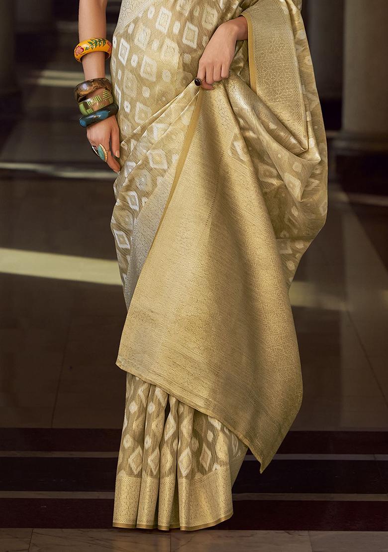 Beige Zari Weaving Silk Sarees