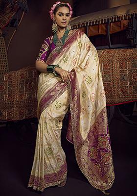 Cream Zari Weaving Silk Sarees