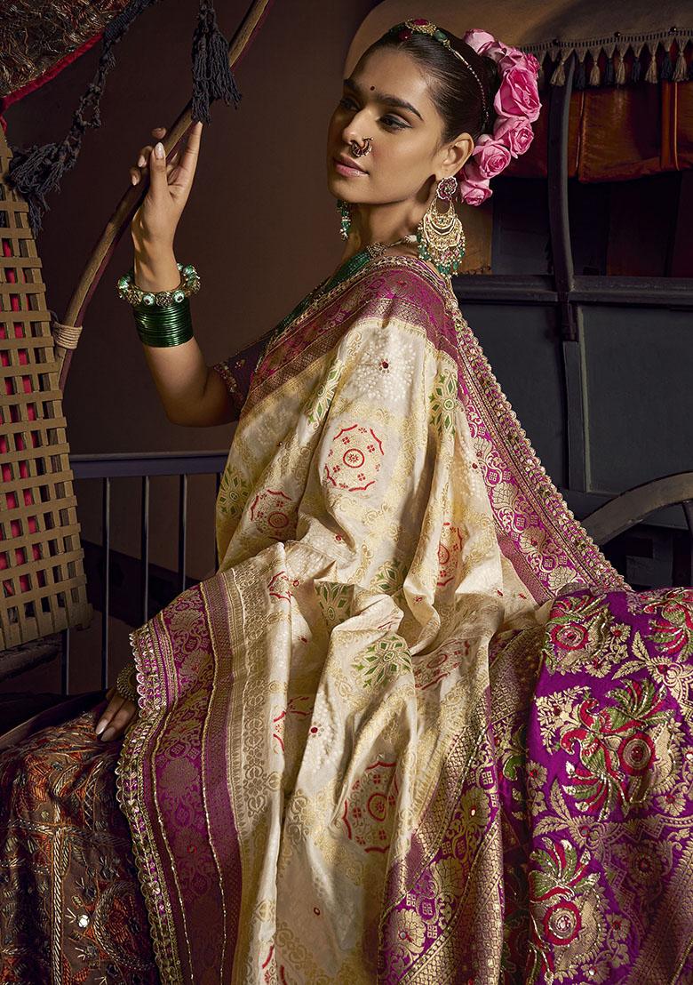 Cream Zari Weaving Silk Sarees