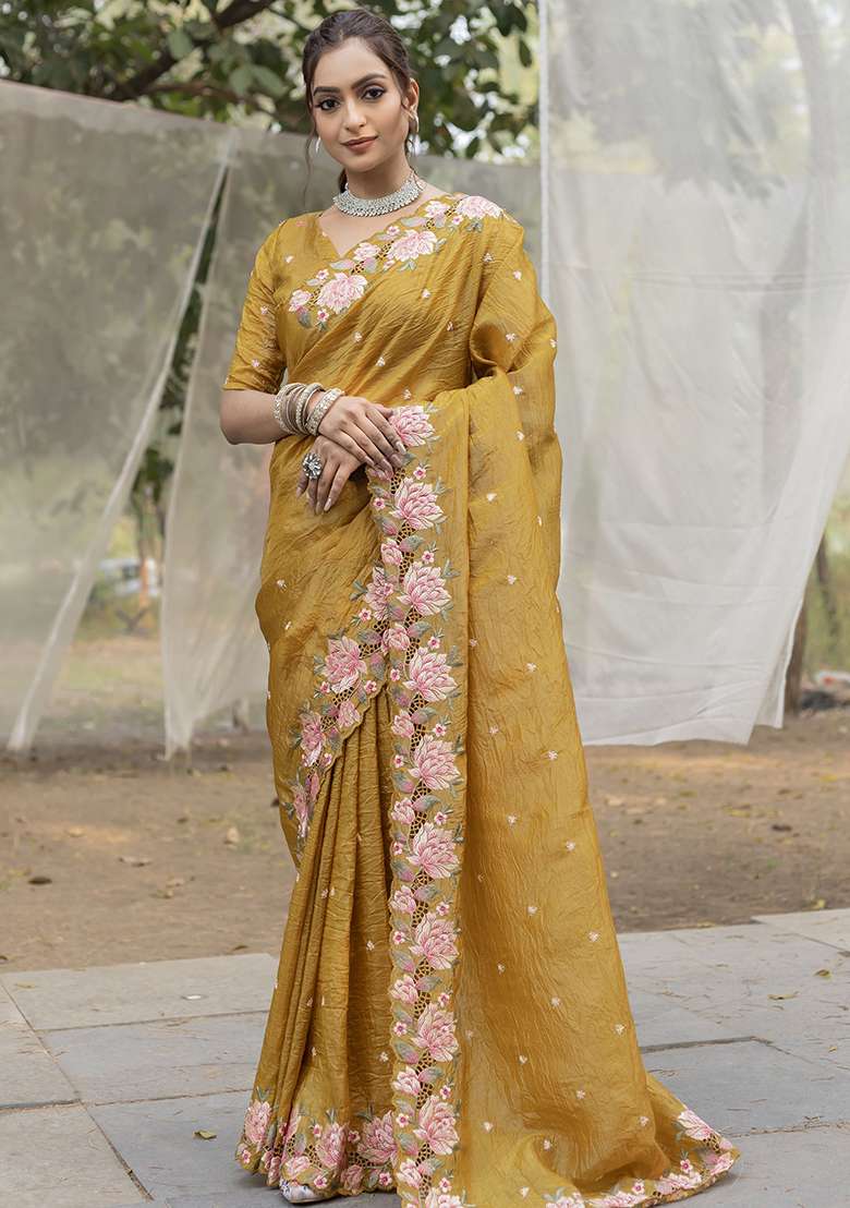 Yellow Embroidered Silk Blend Sarees for Diwali | Wedding & Festive Wear - Indya