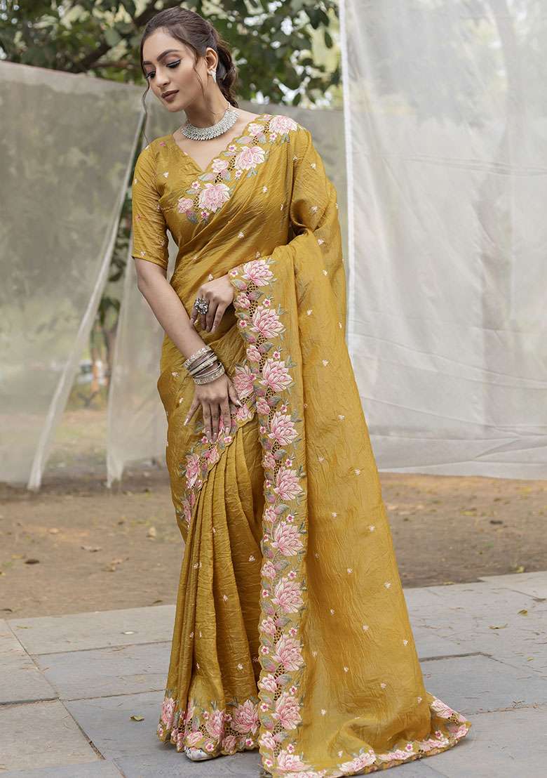 Yellow Embroidered Silk Blend Sarees for Diwali | Wedding & Festive Wear - Indya