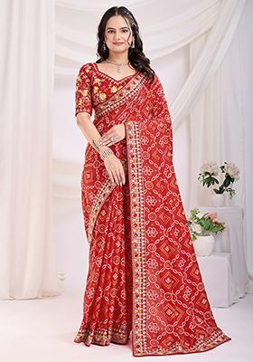 Maroon Bandhani Print Silk Sarees