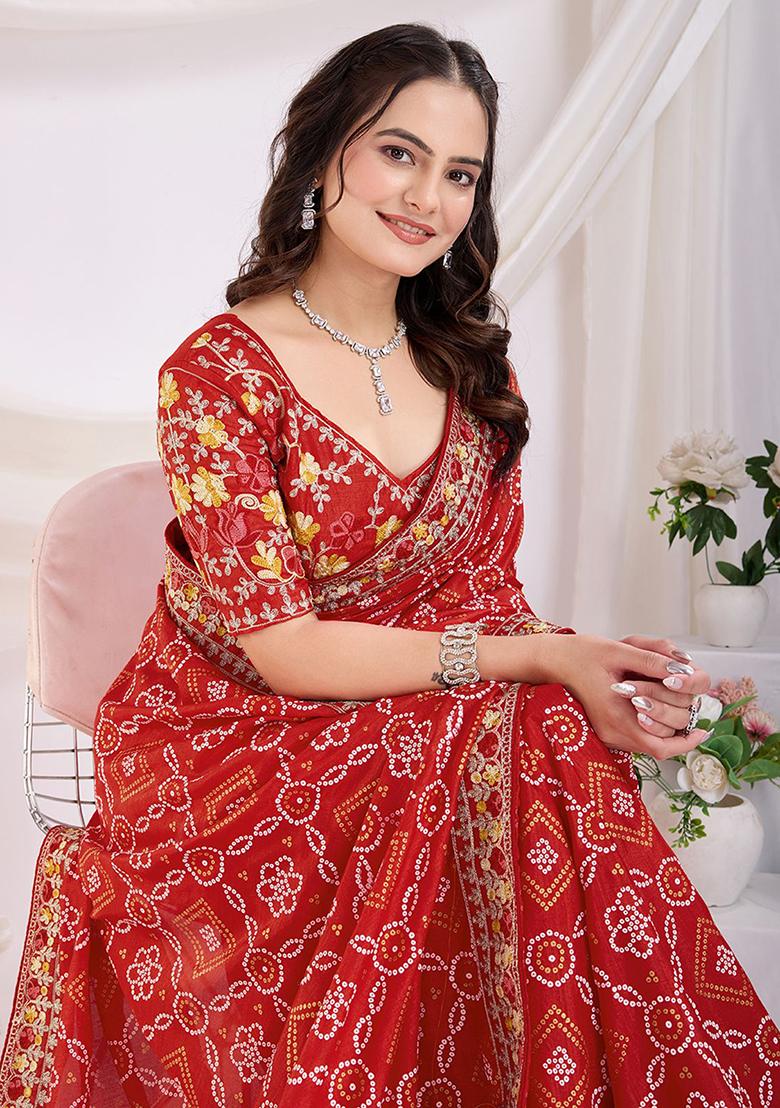 Maroon Bandhani Print Silk Sarees