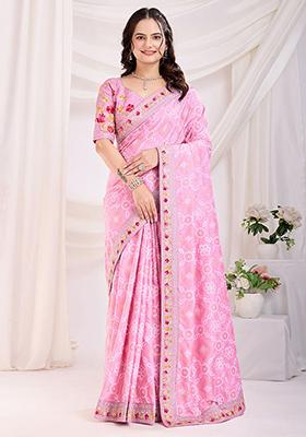 Pink Bandhani Print Silk Sarees