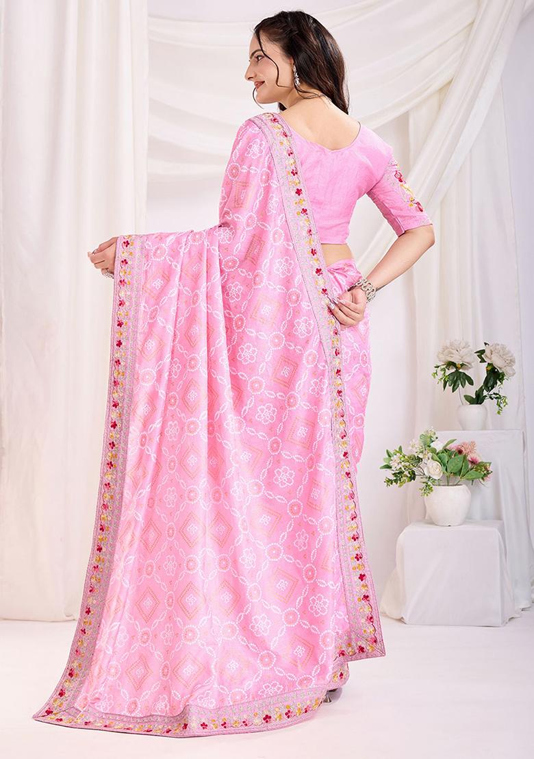 Pink Bandhani Print Silk Sarees