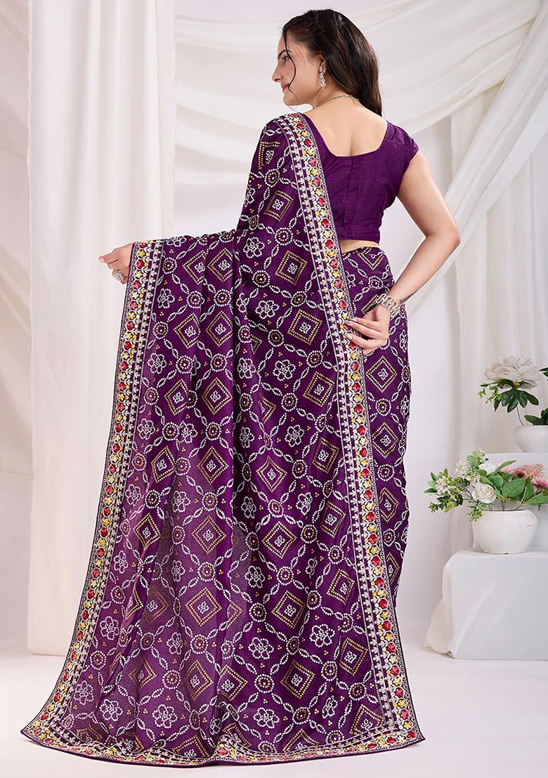 Purple Bandhani Print Silk Sarees