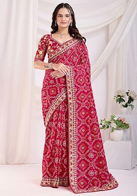 Red Bandhani Print Silk Sarees