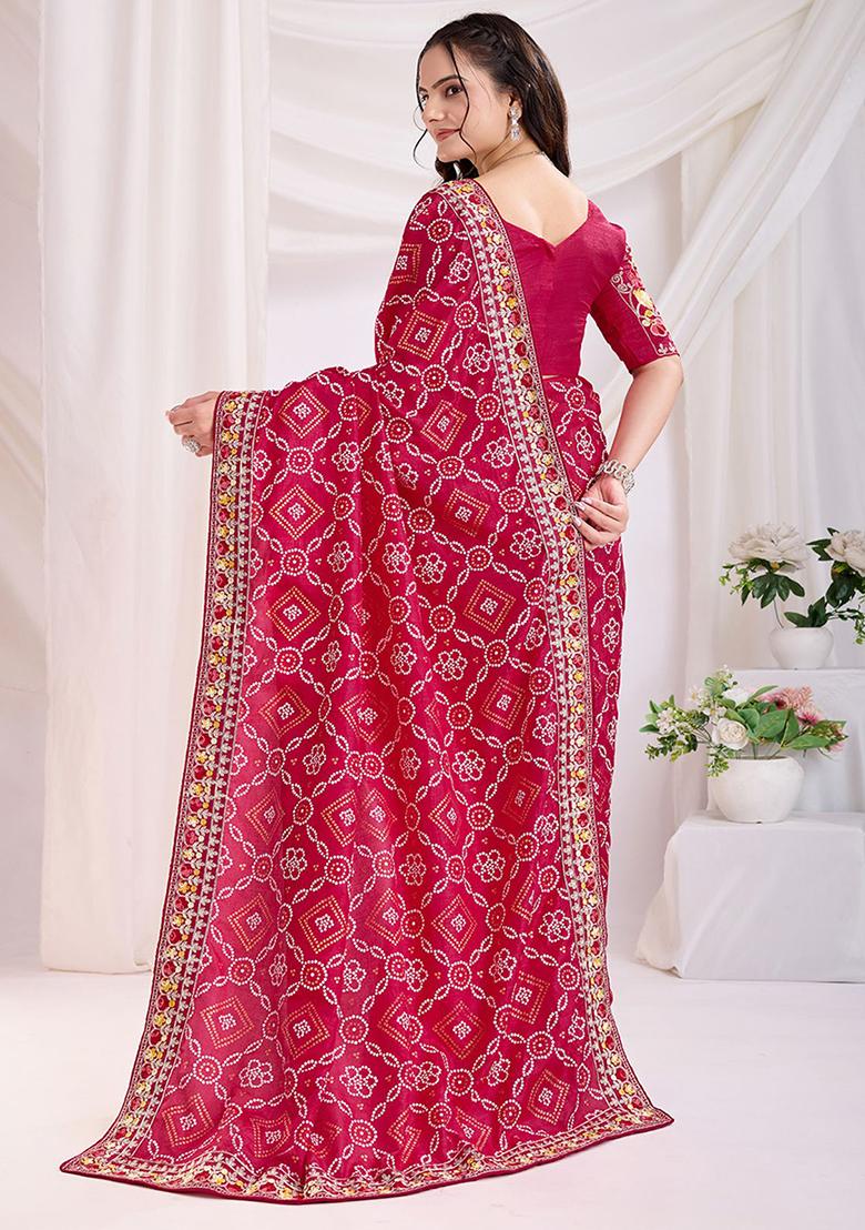 Red Bandhani Print Silk Sarees